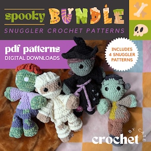 May include: A collection of four handmade crochet snugglers in the shape of Halloween characters. The characters include a zombie, mummy, witch, and Frankenstein's monster. The image also includes text that reads "Spooky Bundle" and "Snuggler Crochet Patterns".