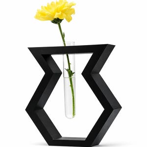 Könnte beinhalten: Eine moderne, schwarze, geometrische Vase mit einer gelben Blume. Die Vase hat ein einzigartiges, eckiges Design mit einem transparenten Glasröhrchen für den Blumenstiel. Die Blume hat eine leuchtend gelbe Farbe.