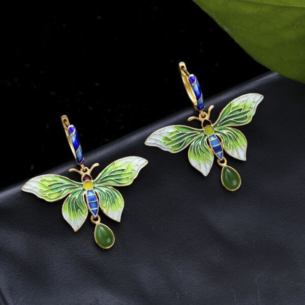 Boucles D’oreilles Cloisonné Vert – Forme Poire, Crochet, Alliage, Neuves