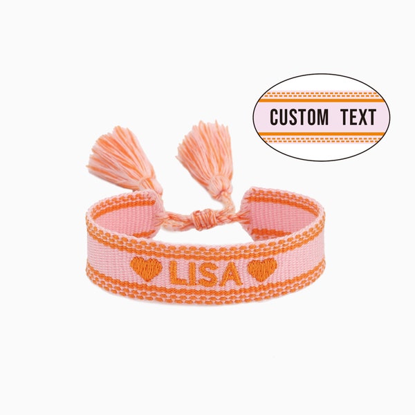 Bracelet de texte brodé personnalisé avec pompon, en coton réglable, tissé et tressé, Bracelets d'amitié, cadeau pour elle