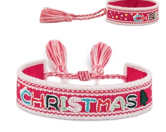Pulsera bordada de Feliz Navidad, sombrero de Papá Noel, botas, trineo, pulsera de árbol de Navidad, borla de lentejuelas, pulsera de cuerda trenzada