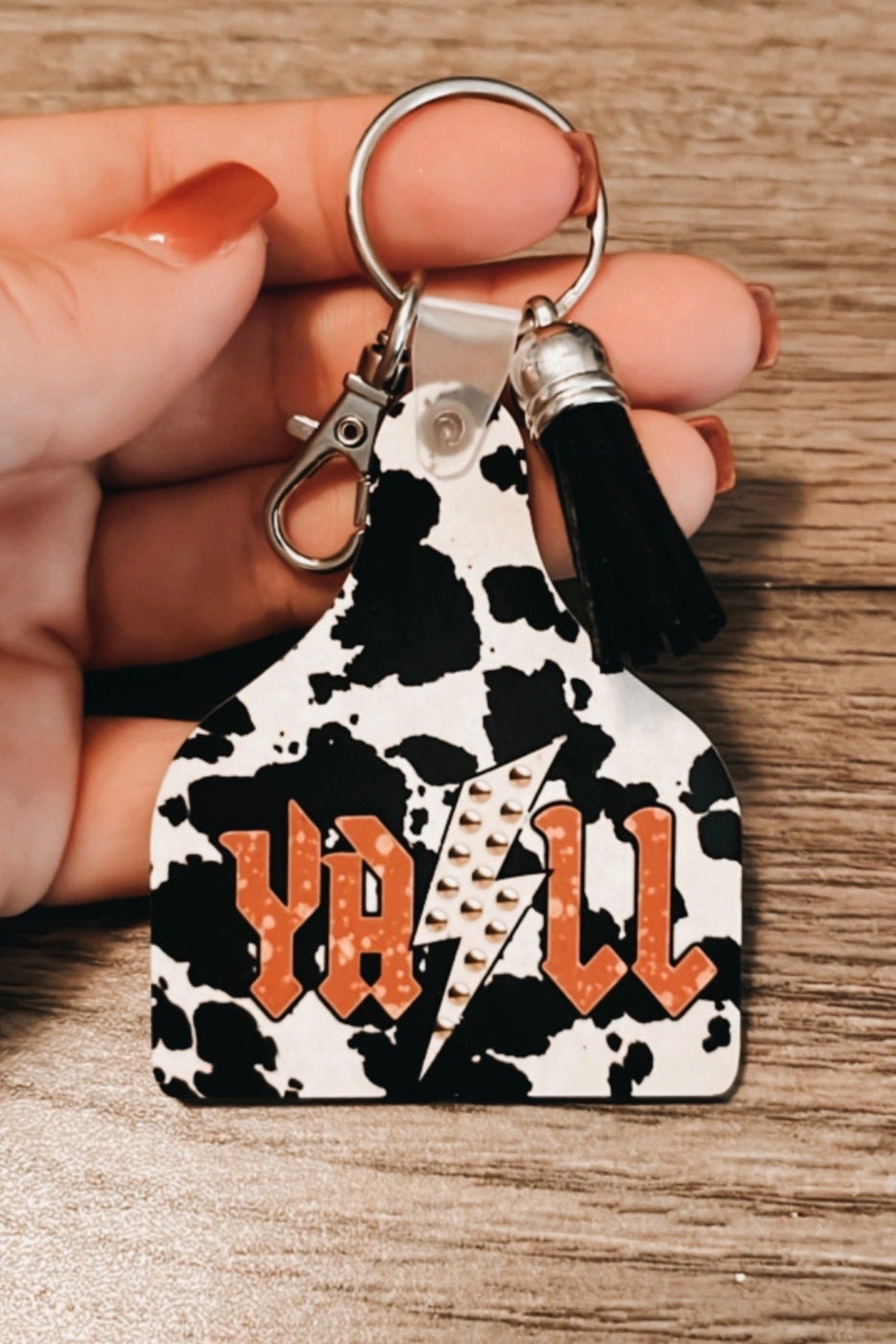 YALL Cowhide Cow Tag Keychain With Tassle / Western / Punchy / Cowgirl