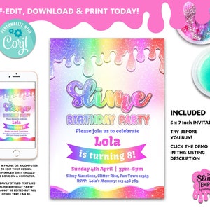Editable Slime Birthday Party Invite / Self-edit Slime invitation / Slime Birthday Party / Rainbow Slime Party / Slime Queen / Slime Squad