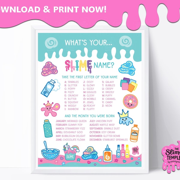 What's your Slime Name Poster / Extra Large & Small formats  / Slime Party Game / Slime Game for Kids / Birthday Party game / Slime Party