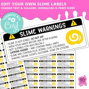 Avertissement de slime MODIFIABLE Étiquettes standard / Modèle de taille standard Avery / Étiquettes Slime / Étiquette de pot de slime / Slime business / Modifier dans CORJL