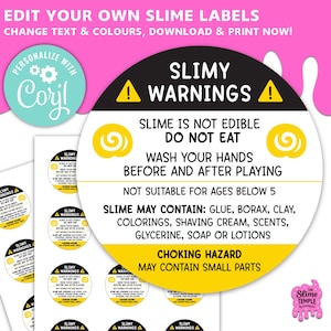 Étiquettes circulaires d'avertissement Slime modifiables / Modèle de taille standard Avery / Étiquettes Slime / Étiquette de pot Slime / Slime business / Edit in CORJL
