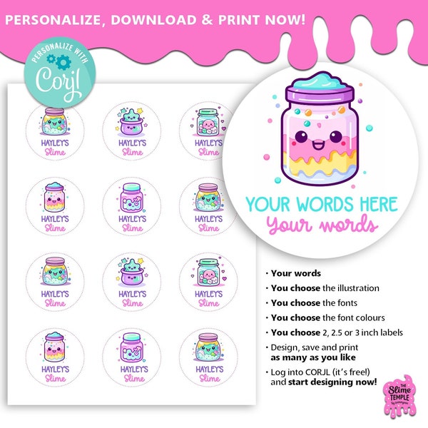 EDITABLE Slime Pot labels | 2, 2.5, or 3-inch label template | Avery sticker template  | Slime pot labels | Cute Kawaii | Slime Business