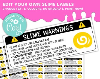 Avertissement de slime MODIFIABLE Étiquettes standard / Modèle de taille standard Avery / Étiquettes Slime / Étiquette de pot de slime / Slime business / Modifier dans CORJL