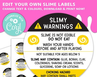 Étiquettes circulaires d'avertissement Slime modifiables / Modèle de taille standard Avery / Étiquettes Slime / Étiquette de pot Slime / Slime business / Edit in CORJL