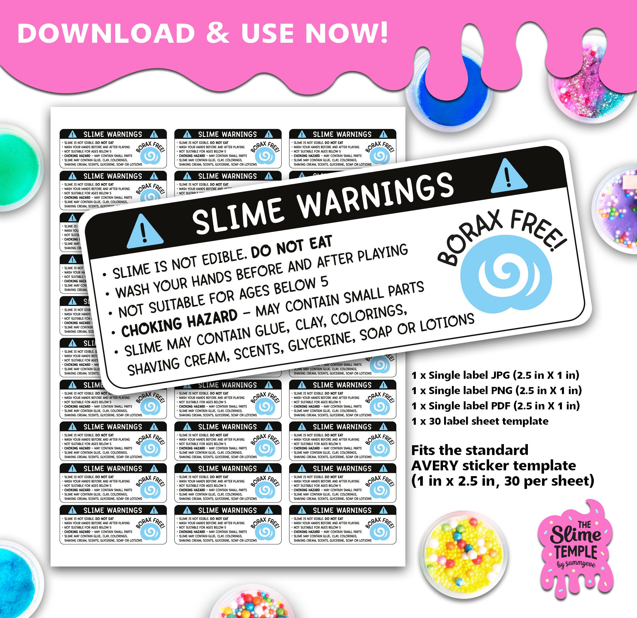 Slime Warning label BORAX FREE template / AVERY label template / Slime labels / Slime business / Slime warning / More colours available!