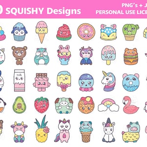 May include: A set of 40 colorful and cute squishy designs featuring various characters and objects, including animals, food, and everyday items. The designs are perfect for creating custom crafts, decorations, and gifts.