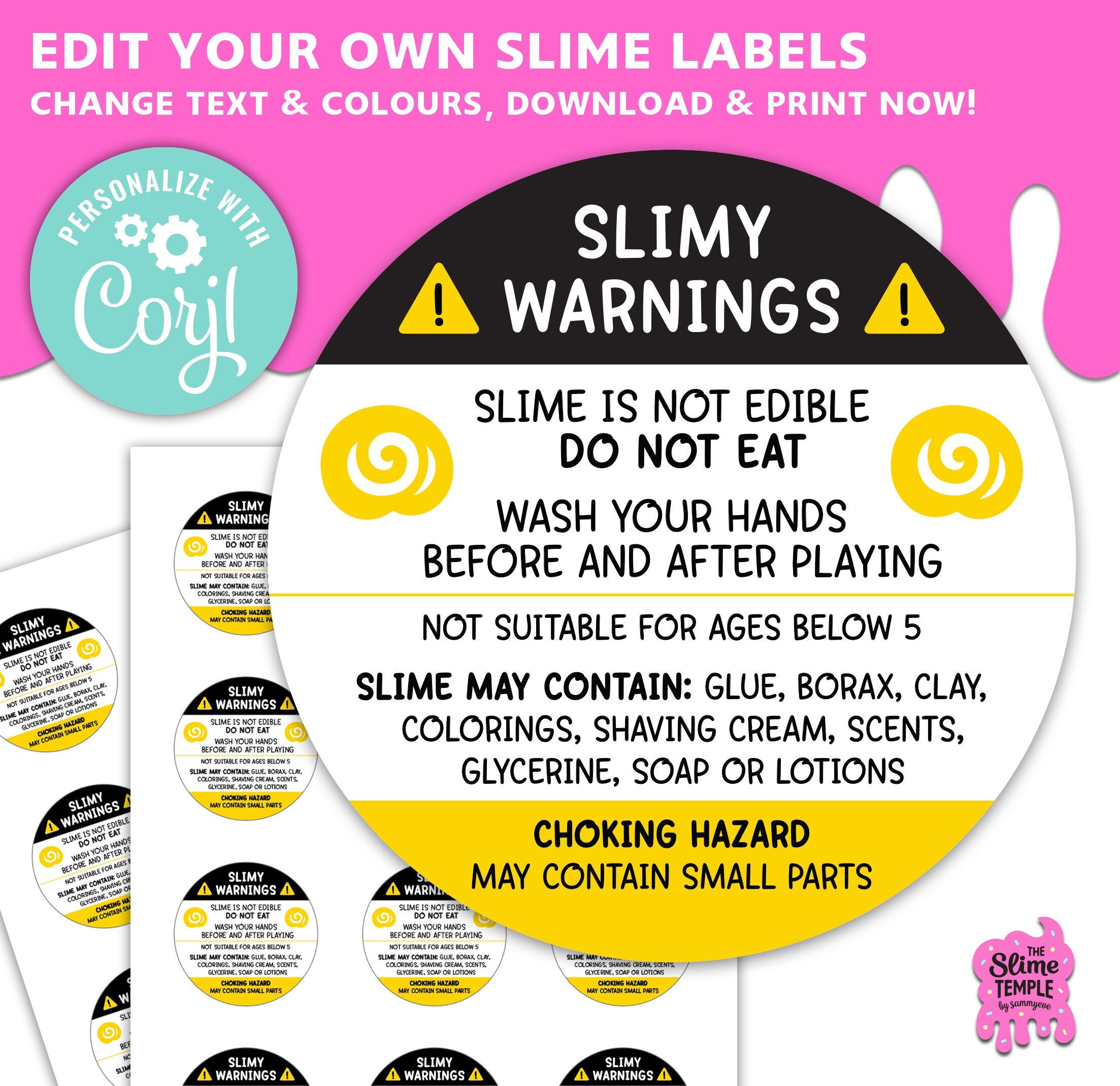 EDITABLE Slime Warning Circular labels / Avery standard size template / Slime labels / Slime pot label / Slime business / Edit in CORJL