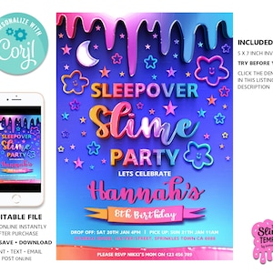 EDITABLE Slime Sleepover Party Invite / Slime Birthday Party / Slumber Party | Girls Sleepover Party | Sleep Under birthday Invite