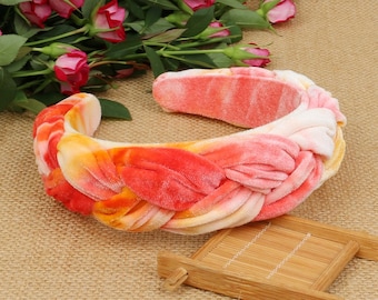 Diadema ancha trenzada de terciopelo teñido anudado naranja, diadema trenzada profunda flocada de terciopelo naranja, diadema acolchada de terciopelo naranja, diadema trenzada tejida