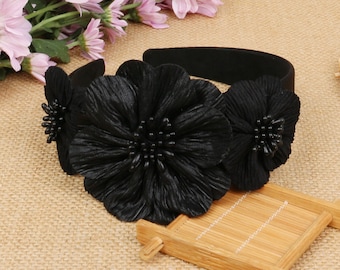 Diadema de satén negro con tres flores, diadema de satén, diadema bohemia, diademas para mujer, diadema vintage, diadema Aliceband, diadema de boda