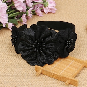 Black satin three flowers headband,Satin Headband,Boho Headband,Headbands for women,vintage headband, Aliceband, Wedding headband