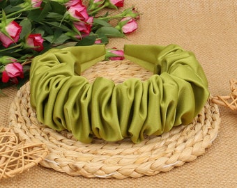 Wasabi Green Satin Ruched Ruffle Headband,Wasabi Green Scrunchie Headband,Aliceband,Ruched headband,Wasabi Green volume wave headband,