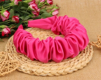 Hot Pink Satin Ruched Ruffle Headband,Hot Pink Scrunchie Headband,Aliceband,Ruched headband,Hot pink volume wave headband,bohemian headband