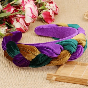 Purple green yellow velvet mixed wide braided headband, Velvet colors mixed braided headband,Aliceband, Velvet headband,Woven plait headband