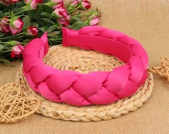 Hot pink satin padded braided headband,Wide Braided Headband,Boho headband,Matador Headband,Headbands for women,Hot pink padded headband