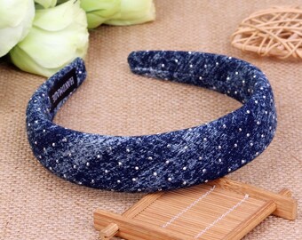 Blue Denim Padded Headband With Little Rhinestones,alice  display picture 2