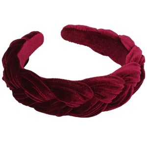 Wine red velvet wide braided headband,Wine red velvet flock deep braided headband,Alice headband,velvet padded headband,woven plait headband image 1