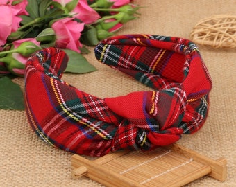 Red Christmas Plaid Knotted Headband,Wide headband,Tartan Fabric Headband,Headbands for women,Red Plaid Hairband,Plaid Crown,Aliceband