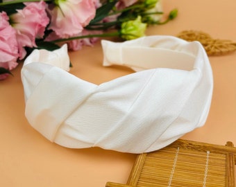 White satin wide braided headband,Stylish fashion hairband,Braided headband,Boho headband,Wide Headband,Headbands for women,White headband