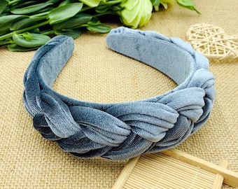 Fascia per capelli larga intrecciata in velluto grigio-blu, fascia per capelli profonda intrecciata in velluto floccato grigio-blu, fascia per capelli imbottita in velluto blu, fascia per capelli intrecciata