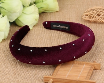 Diadema acolchada de terciopelo burdeos con lunares plateados, diadema boho, diadema matador, diademas para mujer, diadema de terciopelo rojo vino, diadema acolchada