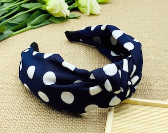 Navy blue Polka dots extra wide knotted Headband,wide headband,Boho Headband,stylish fashion hairband,Headbands for women,vintage headband