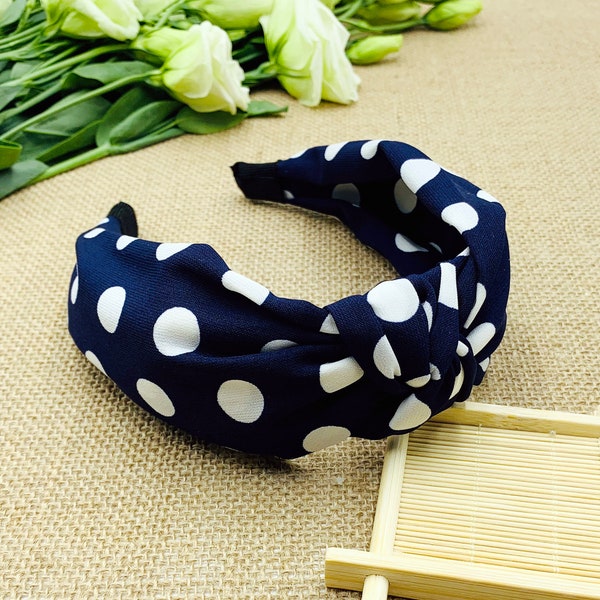 Navy blue Polka dots extra wide knotted Headband,wide headband,Boho Headband,stylish fashion hairband,Headbands for women,vintage headband