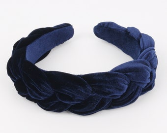 Navy blue velvet wide braided headband,Navy blue velvet flock deep braided headband,blue velvet padded headband,woven plait headband