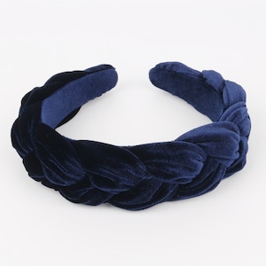 Navy blue velvet wide braided headband,Navy blue velvet flock deep braided headband,blue velvet padded headband,woven plait headband