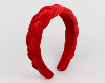 Red velvet wide braided headband,Red velvet flock deep braided headband,Alice headband,velvet padded headband,woven plait headband