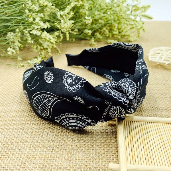 Black Paisley print Knotted headband,headbands for women,bohemian headband,Paisley headband,Wide Headband,stylish fashion hairband,aliceband