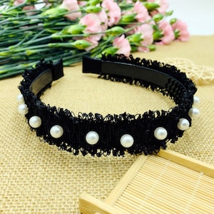 Black tweed headband with pearls,tweed headband,stylish fashion hairband,Boho Headband,Headbands for women,aliceband,pearl Headband