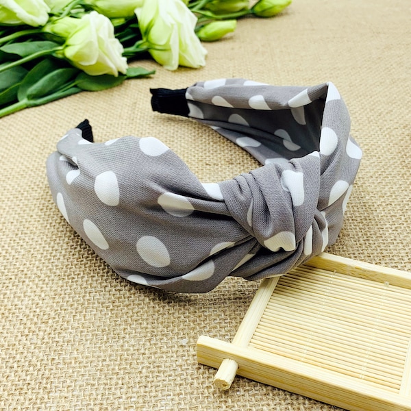 Gray Polka dots extra wide knotted Headband,wide headband,Boho Headband,stylish fashion hairband,Headbands for women,vintage headband