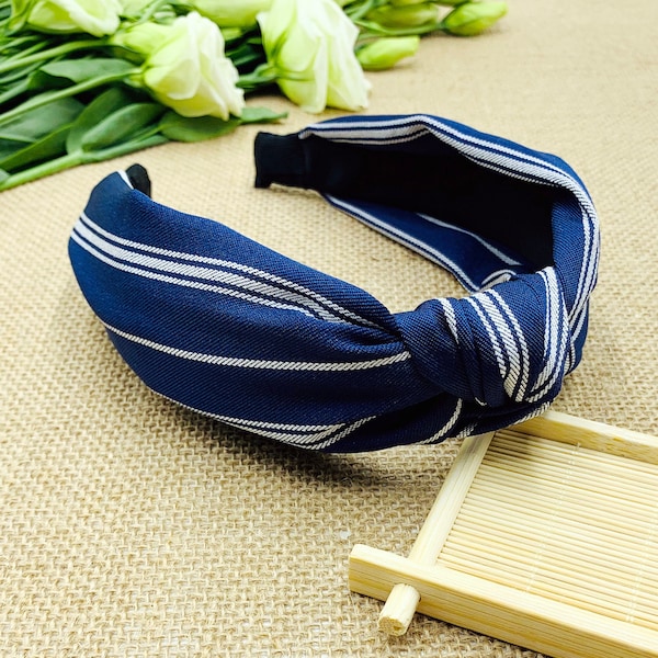 Navy blue stripes knotted headband,stylish fashion hairband,Headbands for women,Wide headband,alice band,Navy blue striped knot top headband