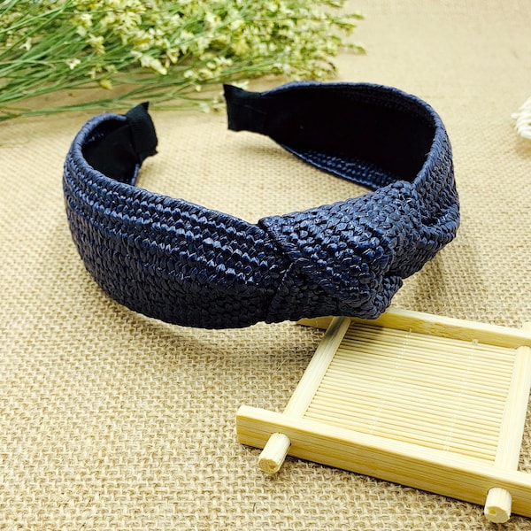 Navy blue straw weaving Knotted headband,headbands for women,bohemian headband,Wide Headband,stylish fashion hairband,Aliceband,Lafite grass