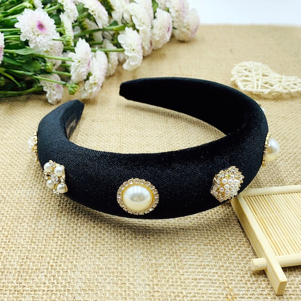 Black velvet padded headband with pearls and rhinestones,wedding headband,matador headband,bride headband,pearl headband,aliceband