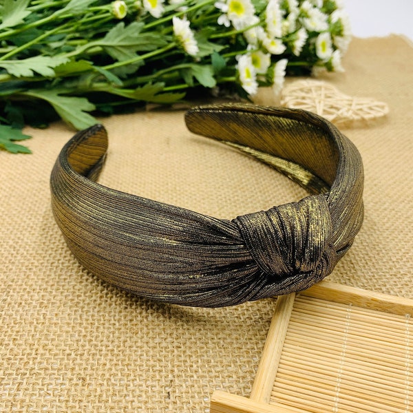 Golden glossy pleated satin knotted headband,headbands for women,bohemian headband,Wide Headband,stylish fashion hairband,Alice band