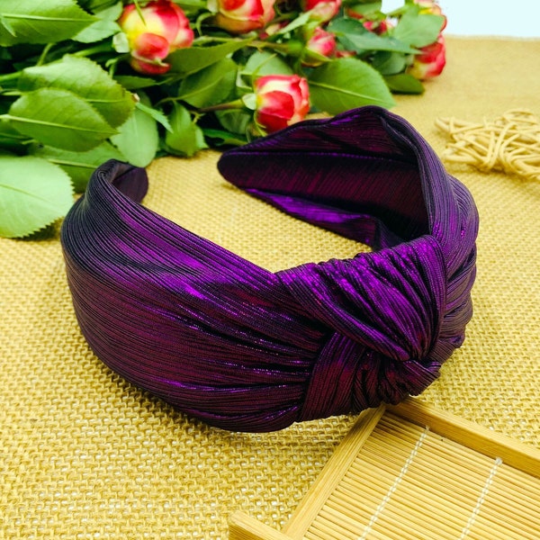 Dark purple pleated satin knotted headband,Metallic Headband,Headbands for women,Bohemian headband,Wide Headband,Satin headband,Alice band