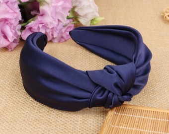 Navy blue satin knotted headband,headbands for women,bohemian headband,knotted headband,Wide Headband ,stylish fashion hairband,Alice band