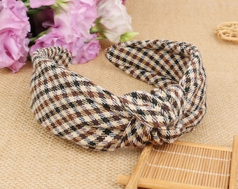 Coffee gingham knotted Headband,wide headband,Boho Headband,stylish fashion hairband,Headbands for women,vintage headband,Aliceband