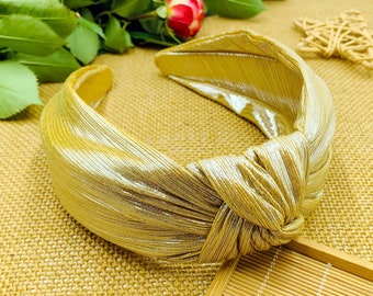 Light gold pleated satin knotted headband,Metallic Headband,Headbands for women,Bohemian headband,Wide Headband,Satin headband,Alice band