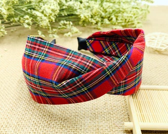 Red Christmas Plaid Twisted Headband,wide headband,Tartan Fabric Headband,Headbands for women,Spanish Plaid Hairband,Plaid Crown,aliceband