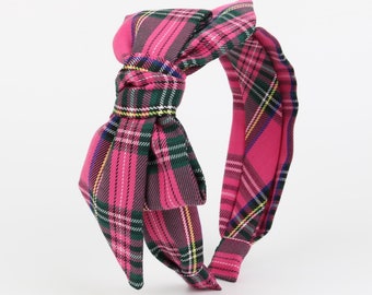 Hot Pink Plaid Big Bow Headband,Pink Plaid Bow Knotted Headband,Tartan Fabric Headband,Headbands for women,Pink Plaid Headband