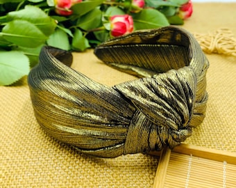Gold pleated satin wide knotted headband,Metallic Headband,Headbands for women,Bohemian headband,Wide Headband,Satin headband,Alice band