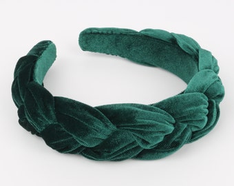 Blackish green velvet wide braided headband,Blackish green velvet flock deep braided headband,velvet padded headband,woven plait headband